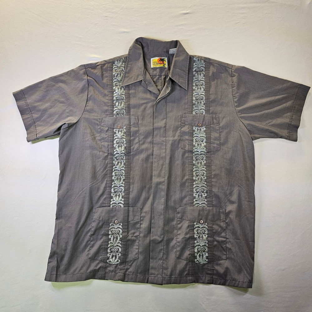 Haband Guayabera Shirt Mens XL Gray Short Sleeve Embroidered 4 Pocket